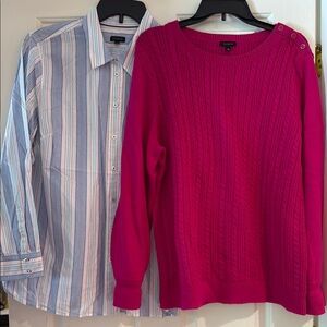 Talbots Pink Cable Knit Sweater and striped blouse set XL EUC